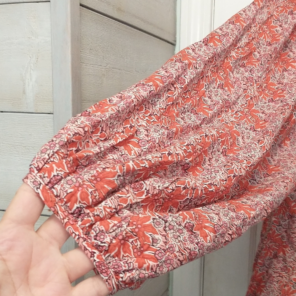 Anthropologie Orange Floral V-Neck Peasant Blouse - Picture 4 of 6